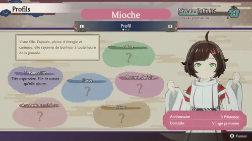 Je vous pr&eacute;sente Mioche, ma prog&eacute;niture&nbsp;! J'ai essay&eacute; d'augmenter mon affinit&eacute; en lui faisant une farce, elle m'a r&eacute;pondu qu'on ne s'entendait pas assez bien pour &ccedil;a et que c'&eacute;tait trop t&ocirc;t, j'ai cherch&eacute; l'option "abandonn&eacute;" dans le jeu, pas trouv&eacute;.